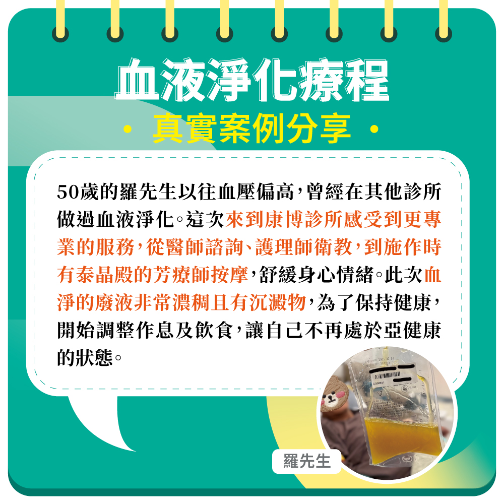 50歲的羅先生血壓偏高，三年前在其他醫美診所做過血液淨化，這次來到康博診所感受到專業服務，從醫師諮詢、護理師衛教，包含施作當天也有泰晶殿的芳療師按摩舒壓。此次的血淨廢液非常濃稠且有沉澱物，為了保持健康，開始調整作息及飲食，讓自己不再處於亞健康狀態。
