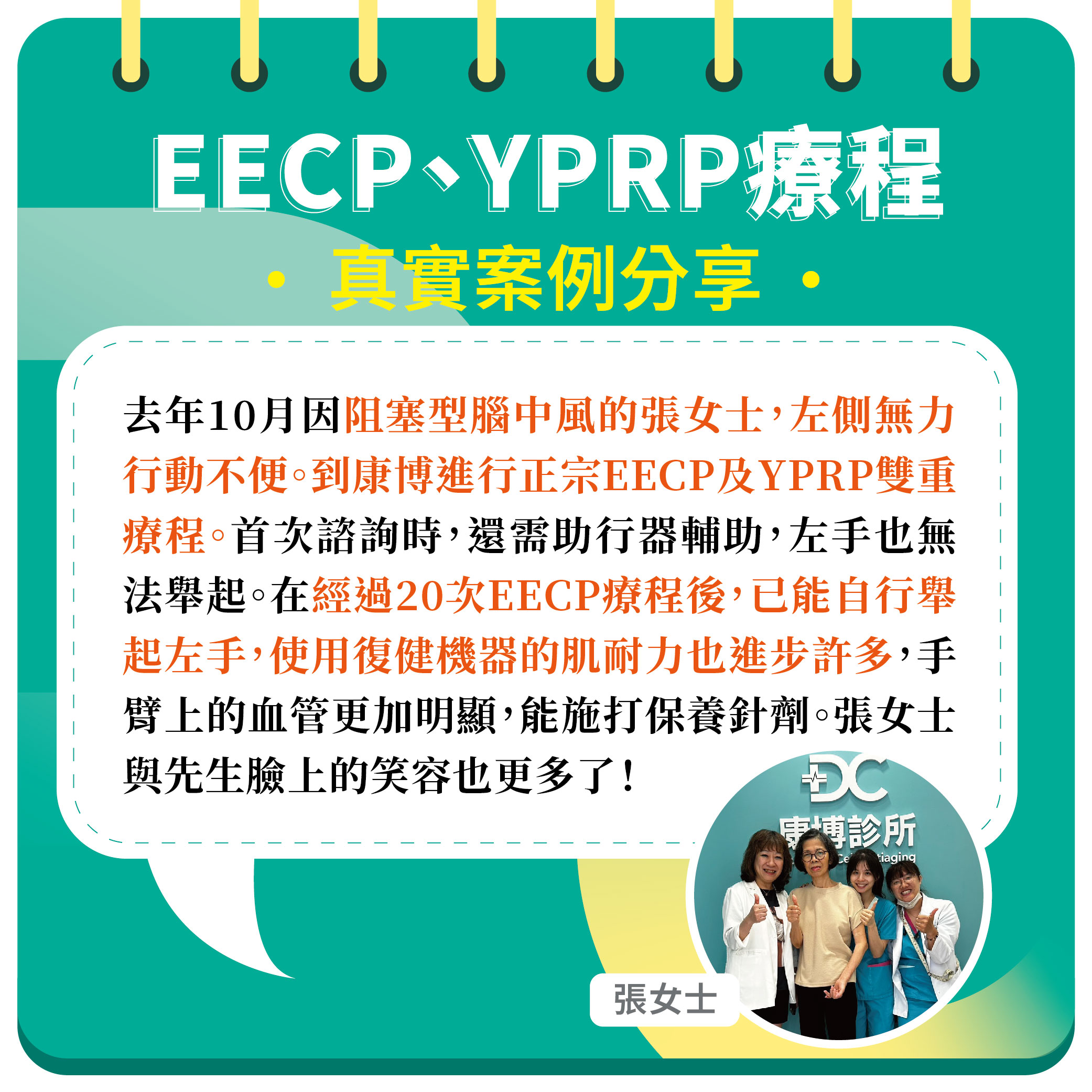 張女士在2023年10月因阻塞型腦中風，導致身體左側手腳無力行動不便，需要先生與看護協助。在朋友的推薦下來到竹北康博診所進行正宗EECP及YPRP保養。經過20次EECP療程後，已能自行舉起左手，臉上的笑容也變多了！